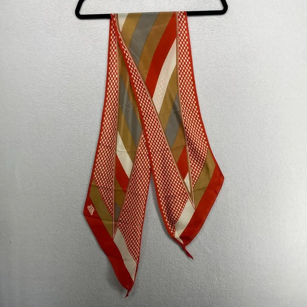 LIBERTY OF LONDON Scarf Silk Crepe de Chine Striped Check Orange England VTG